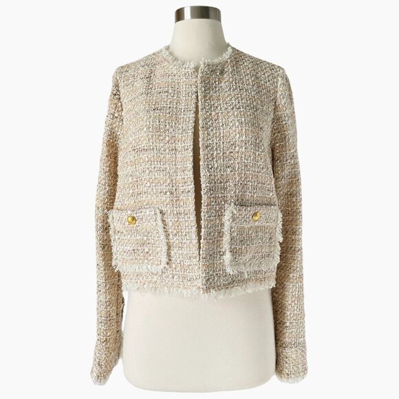 Ramy Brook Diaz Tweed Jacket Beige Fringe Pocket Detail Size 4 - Picture 4 of 10
